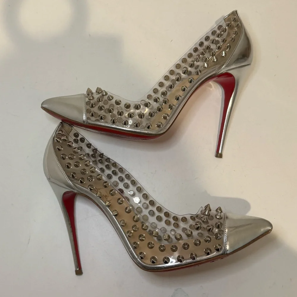 Christian Louboutin Metallic Silver Gloss Clear PVC Spike Me 100 Pumps Size 39